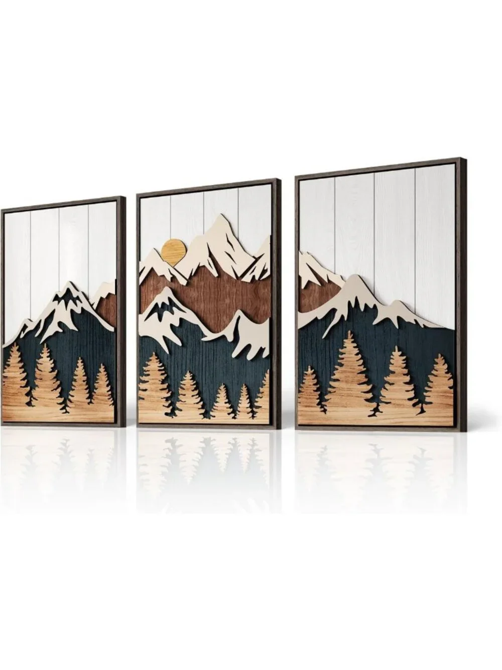 3D Wood Mountain Wall Art Set - 3 Piece Landscape Decor, 16x24 Inch Framed Art